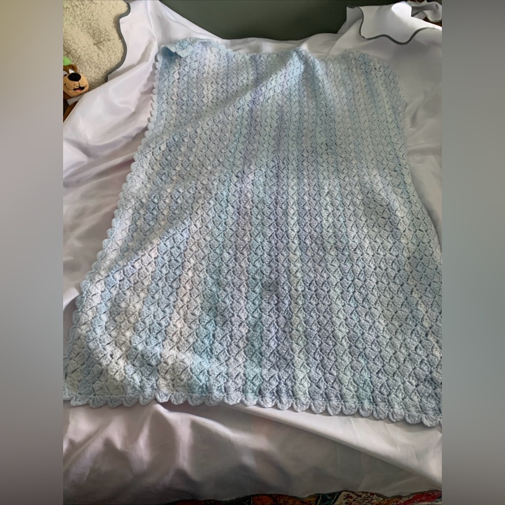 Baby Blanket Crochet Blue Lavender White Soft Blankie 46” x 33” Scalloped Edges